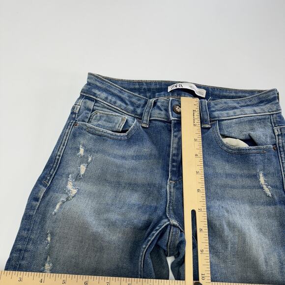 Zara Jeans Womens 2 Blue Distressed Raw Hem Skinny Mid‎ Rise Vintage Wash Denim - Picture 5 of 6